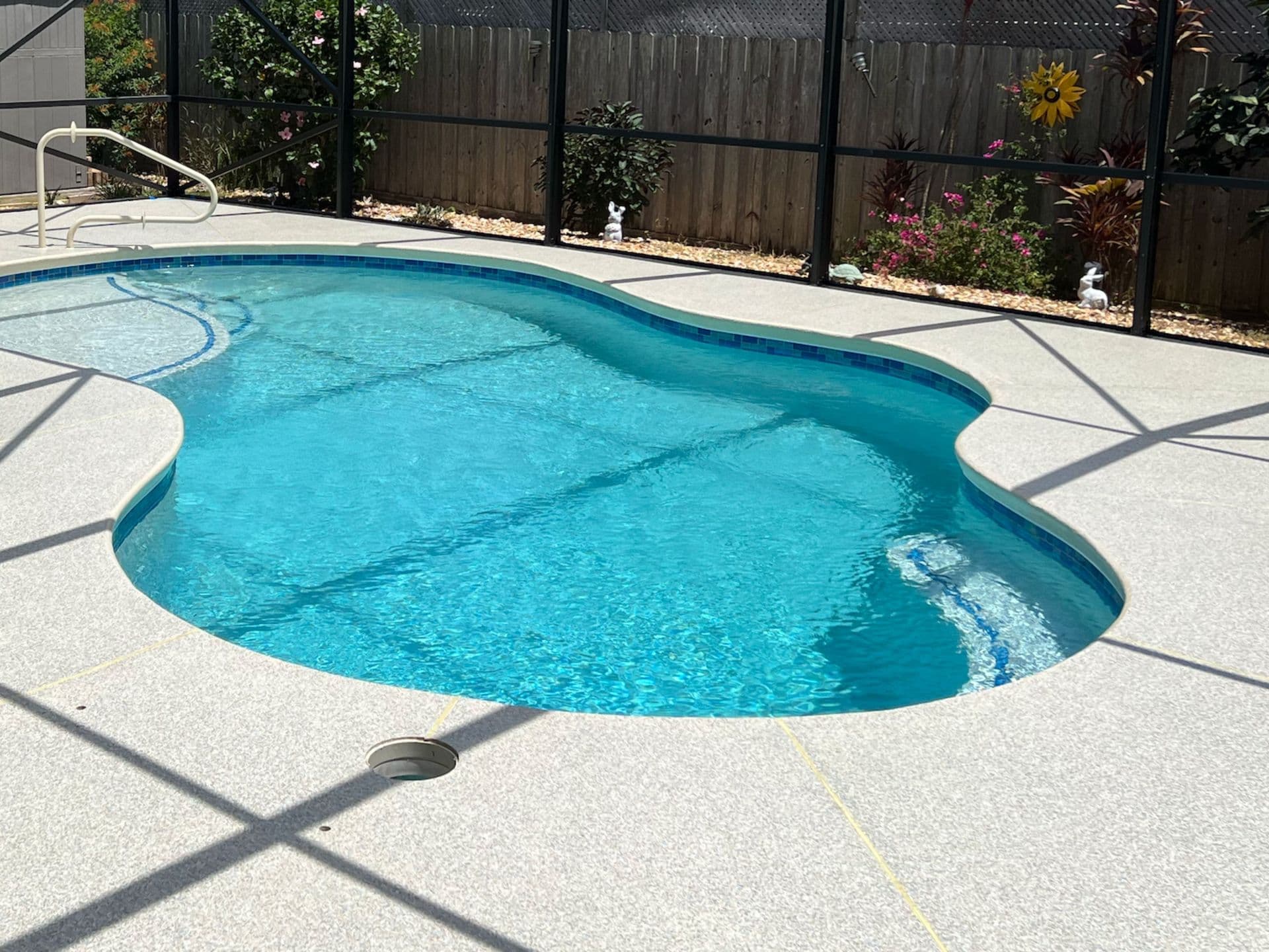 A pristine Florida backyard swimming pool surrounded by a durable, slip-resistant polyaspartic pool deck coating