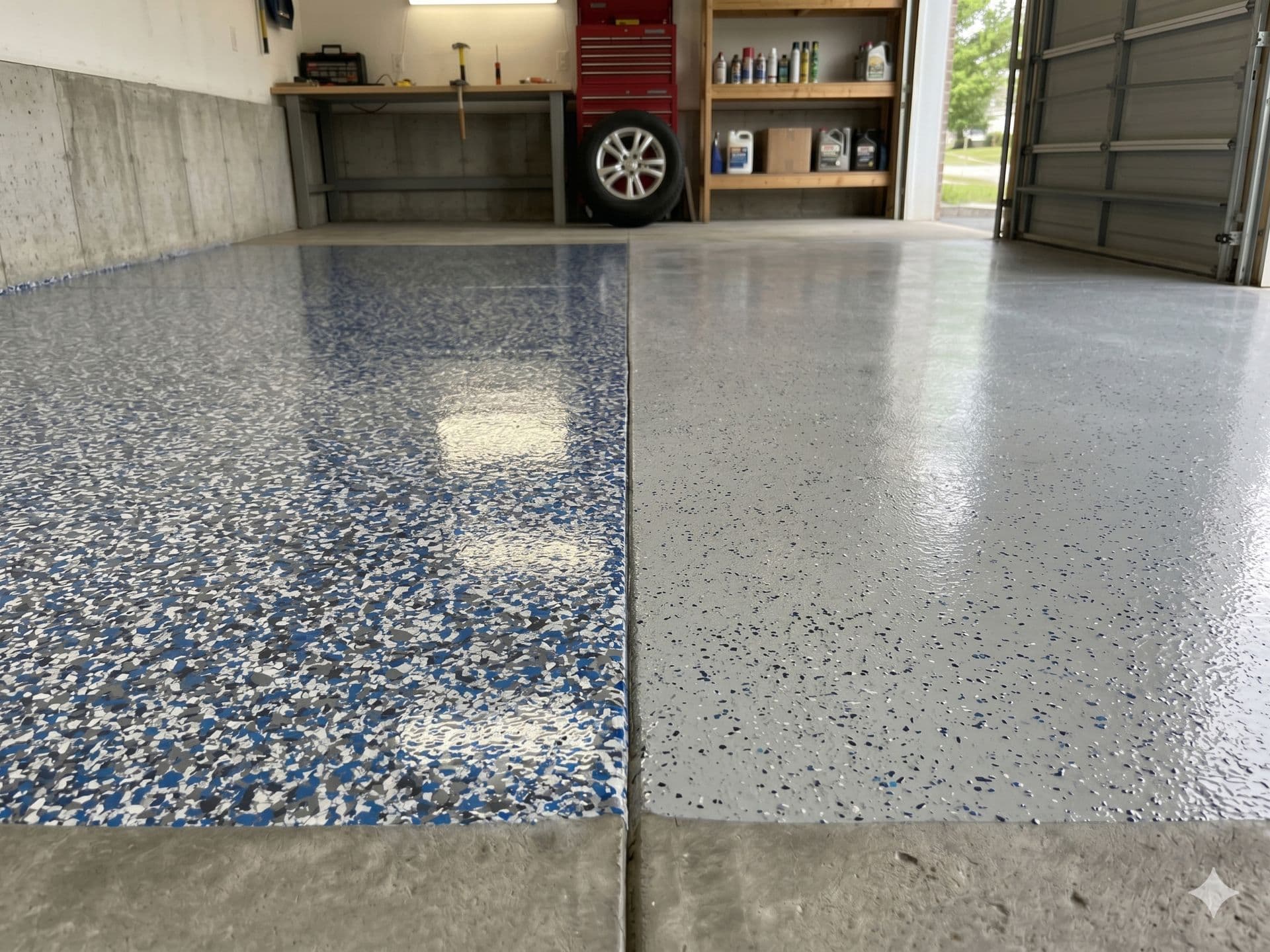 A garage floor comparing two coatings - polyaspartic coating on the left and epoxy coating on the right.