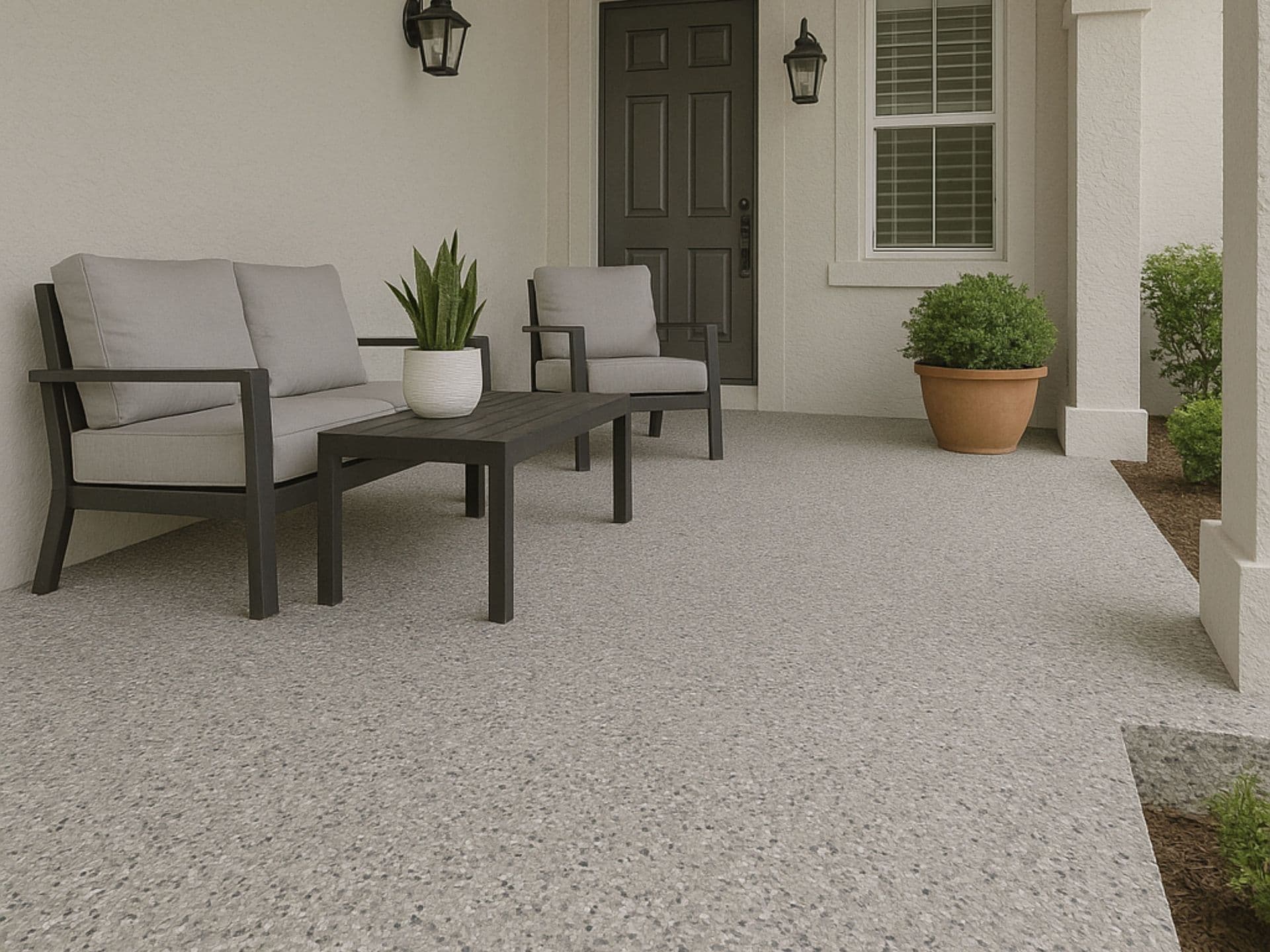 A gray decorative flake coating applied to a front porch concrete patio