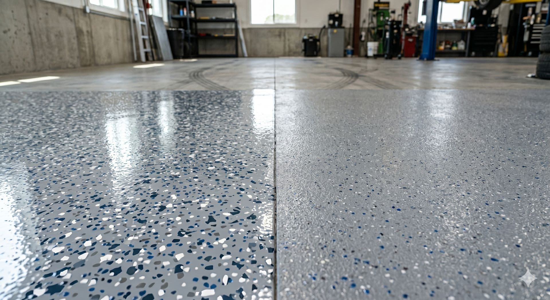 A side-by-side comparison of two garage floor coatings applied to a concrete floor
